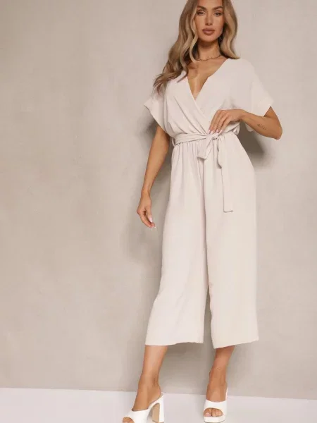 Kopertowy Kombinezon o Prostym Kroju z Wiązanym Tevenea beżowy