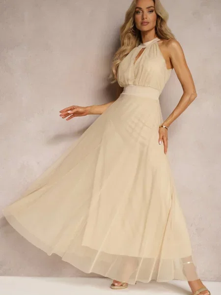 Sukienka Koktajlowa z Siateczką Wiązana Materiałowym ze Stójką Nestassi beżowa