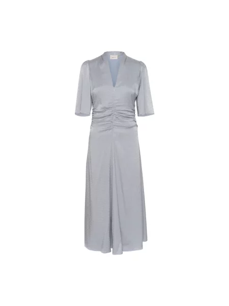 Lniana sukienka midi Gestuz do kolan niebieska