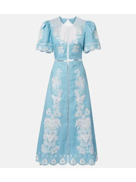 Lanena midi obleka Farm Rio nad koleni odprt hrbet modra