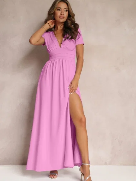 Rochie Maxi cu Talia Marcata si Slituri Zarya roz