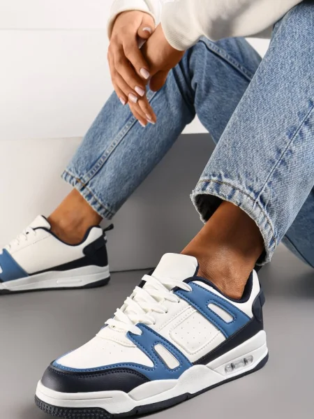 Sneakerși Alb-Bleumarin cu Șiret și Inserții Multiple din Piele Ecologică Gwendias alb