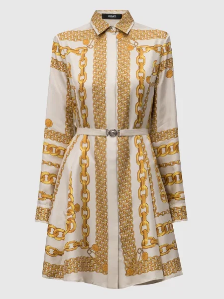 Сукня-сорочка із шовку в принт Versace бежева