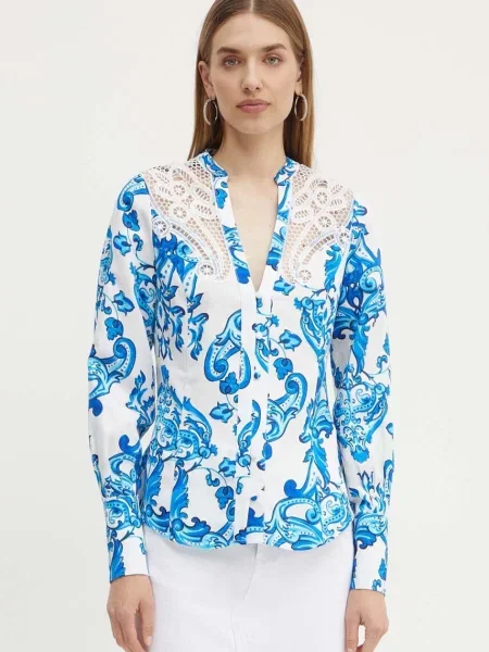 Риза с лен Marciano Guess BLUE NOTE със стандартна кройка синьо