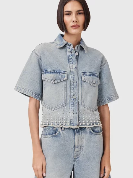 Дънкова риза AllSaints TOVE дамска със свободна кройка с класическа яка синьо