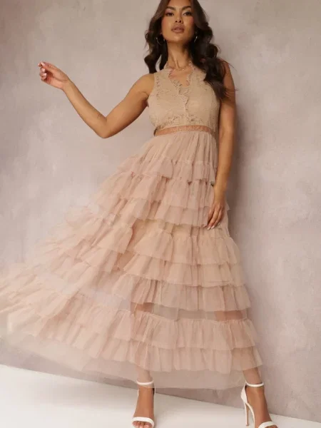 Sukienka Koktajlowa z Koronkową Górą i Rozkloszowanym Tiulowym Dołem Venisa beżowa