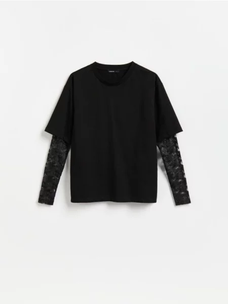 Reserved Bluză cu mânecă lungă oversize și dantelă negru