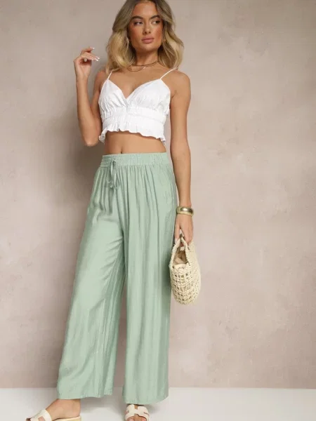 Miętowe Spodnie Typu Palazzo o Szerokim Kroju High Waist Ozdobione Wiązaniem Yaslevia zielone