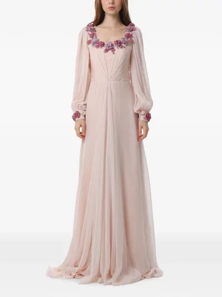 Rochie maxi Dina Melwani de mătase cu model floral roz