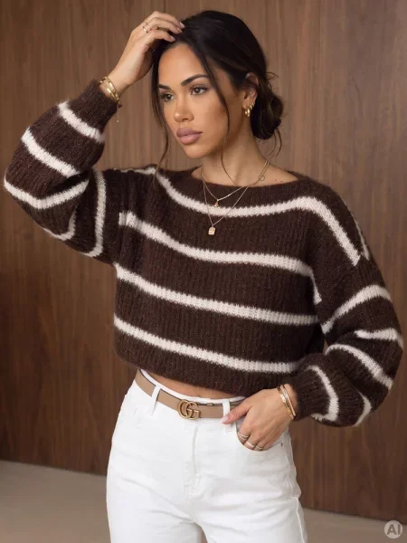 Sweter oversize w paski czekoladowy Dstreet