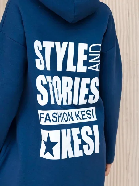 Długa długi powrót bluza z kapturem Kesi z kapturem niebieska