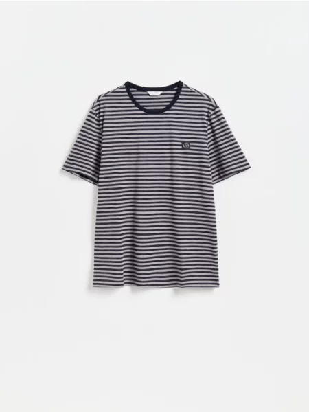 Reserved Tricou regular fit cu dungi metalizat albastru