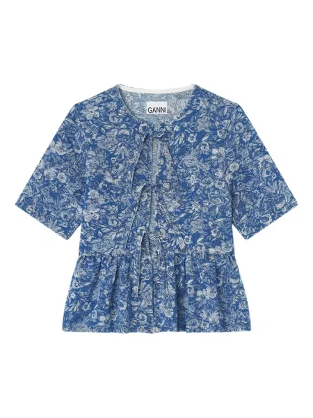 Cu peplum bluză Ganni cu funde albastru