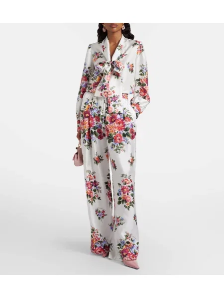 Bluză Dolce&gabbana de mătase cu model floral cu legături alb