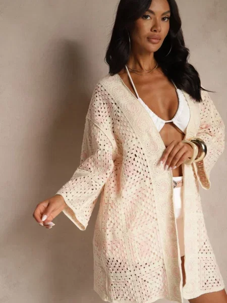 Różowo-Beżowy Ażurowy Kardigan z Bawełny Melionaia beżowy