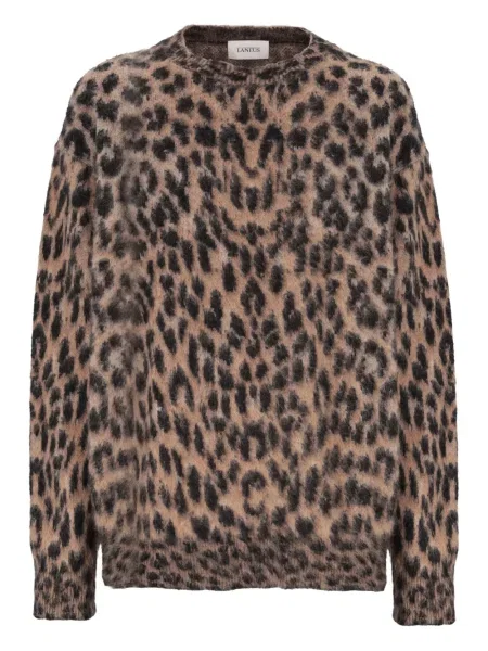 Pulover Laneus cu imagine cu model leopard cu decolteu în U maro