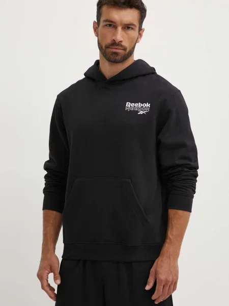 Суичър с качулка Reebok с качулка с принт черно