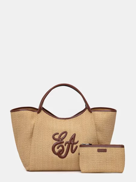 Geantă shopper Emporio Armani de paie bej