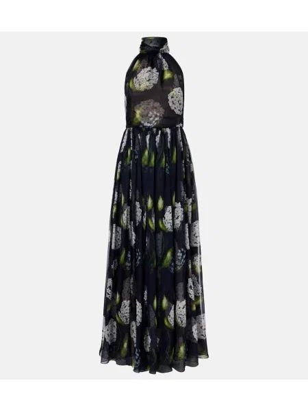 Jedwabna sukienka Oscar De La Renta w kwiatki niebieska