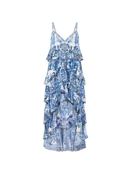 Rochie cu volane Camilla cu decolteu în V cu volane albastru