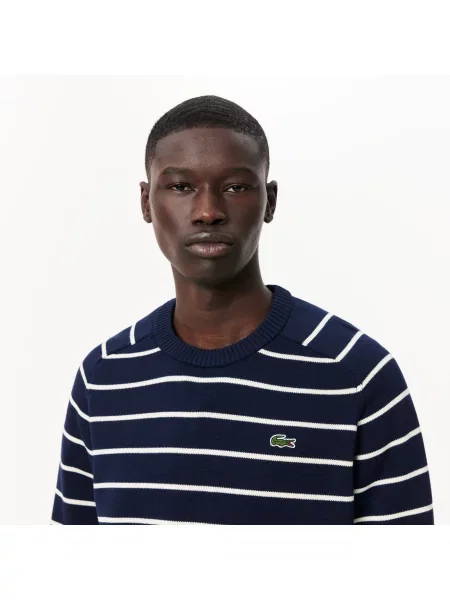 Lacoste Sweter Z Okrągłym Dekoltem W Paski Z Dzianiny 3D granatowy