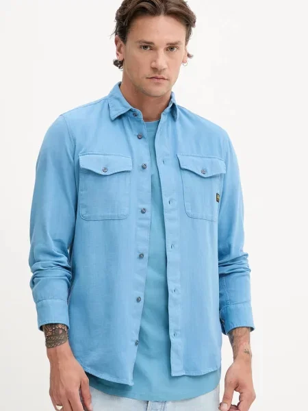Риза G-Star Raw зелено със стандартна кройка с класическа яка синьо