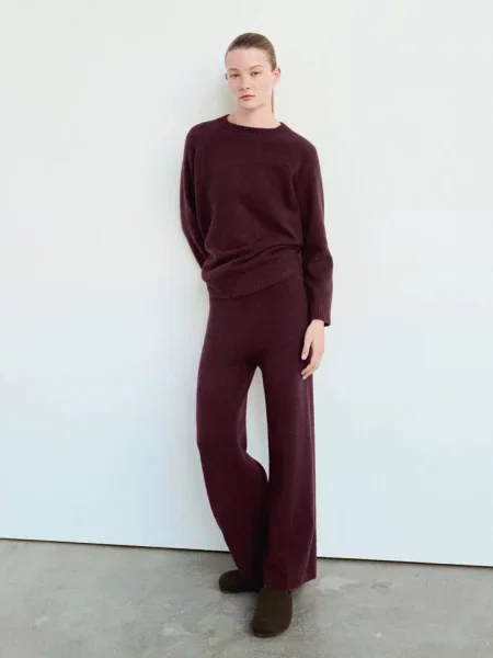 Spodnie wide leg z dzianiny burgund Kobieta L MANGO
