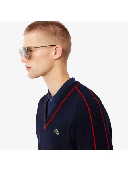 Lacoste Sweter Z Dekoltem V W Paski Archive Edition niebieski