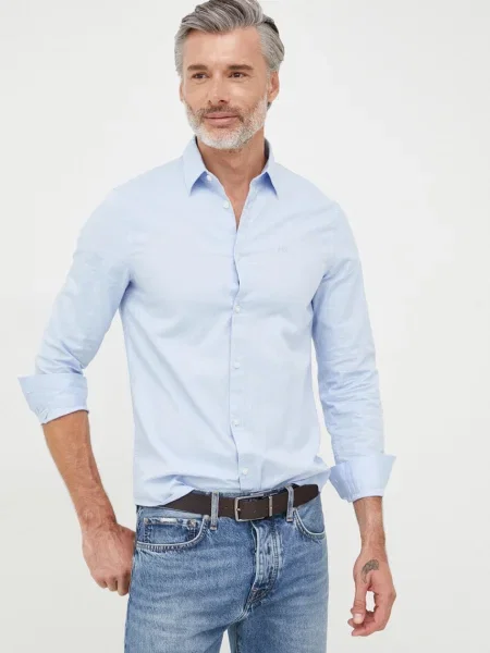 Риза Armani Exchange мъжка с кройка по тялото с класическа яка синьо