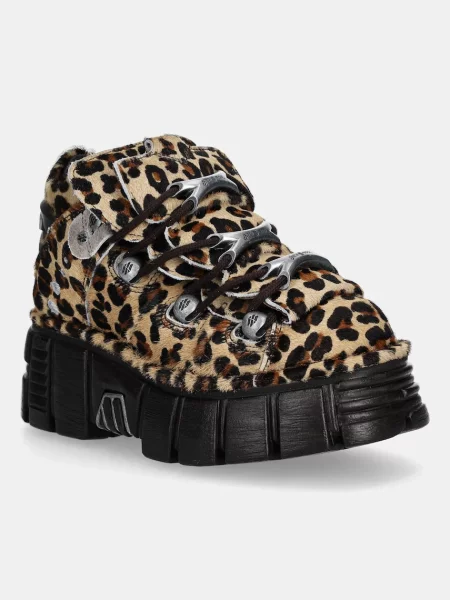 New Rock sneakers din piele întoarsă PELO LEOPARDO PONY maro