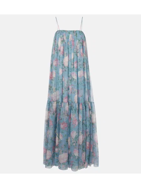 Rochie maxi Chloé de mătase cu model floral de costum albastru