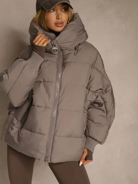 Ciemnobeżowa Oversizowa Kurtka Puffer z Kaputrem Mevenassa beżowa