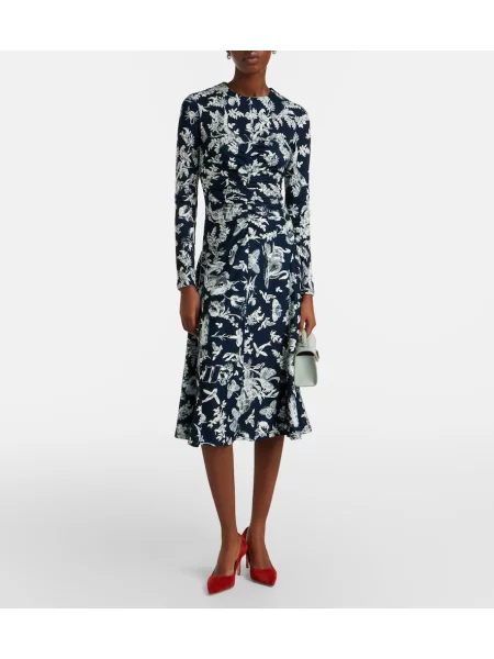 Rochie midi Erdem cu model floral cu volane albastru