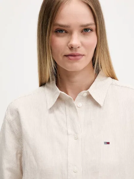 Tommy Jeans риза дамска с лен бежово