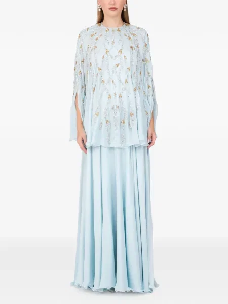 Rochie maxi Dina Melwani cu crăpătură de costum albastru