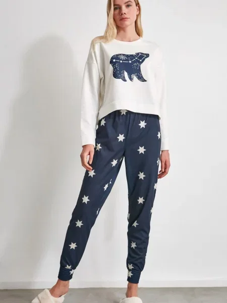 Trendyol Pijama albastru marin alb