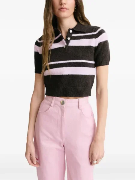 Gulerat decupat tricou polo Matthew Bruch cu dungi maro