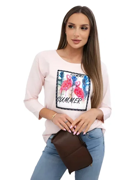 Halenka s grafikou plameňáků 3D pudrově růžová bílá