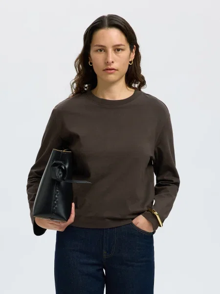 SELECTED Tricou SLFESSENTIAL închis maro