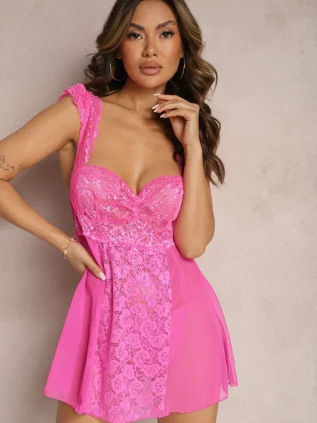 Fuksjowa Koronkowa Koszula Nocna Mini z Siateczki ze Stringami w Komplecie Tuala różowa