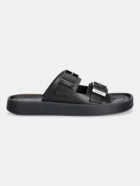 Calvin Klein šľapky pánske kožené ERGON DOUBLE BAR SANDAL LTH čierna