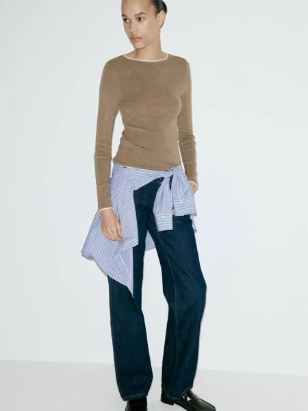 Sweter z dzianiny z kontrastowym wykończeniem średni Kobieta S MANGO brązowy