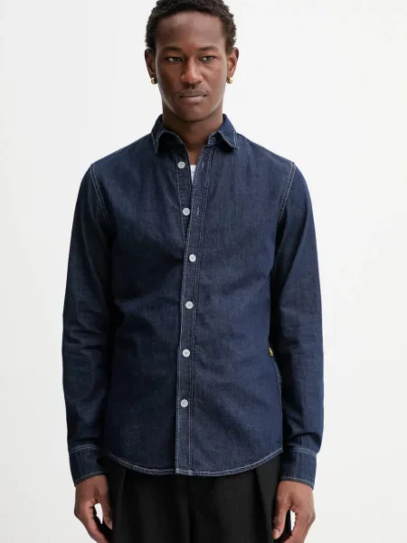G-Star cămașă din amestec de in Clean slim bleumarin cu guler clasic slim