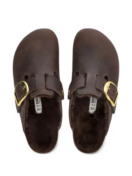Papuci tip mules Birkenstock cu cataramă din piele de oaie maro