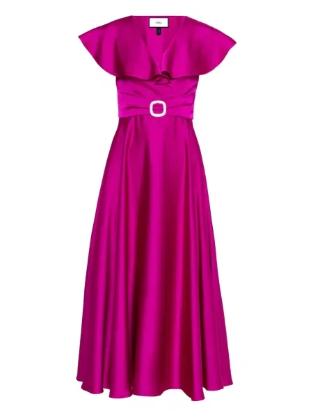 Rochie midi Nissa din satin cu volane până la genunchi violet