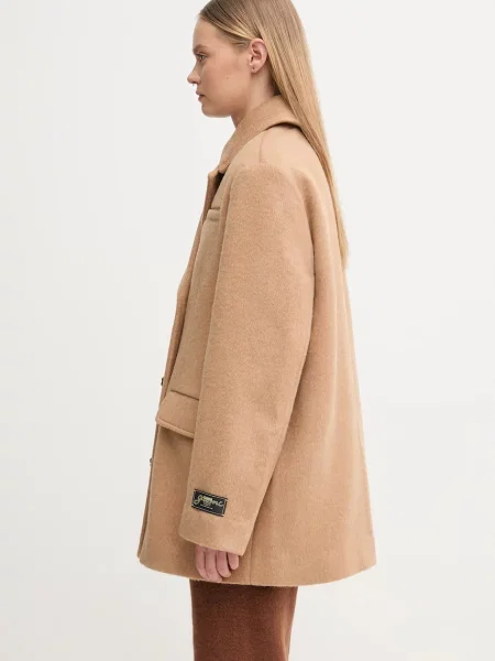 GANNI płaszcz z dodatkiem wełny Double Faced Wool Doublebreatsed Blazer brązowy