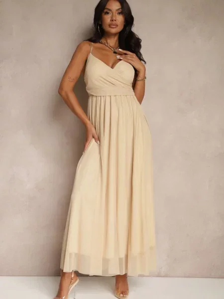 Sukienka Koktajlowa Ozdobiona Tiulowym Materiałem Deviora beżowa