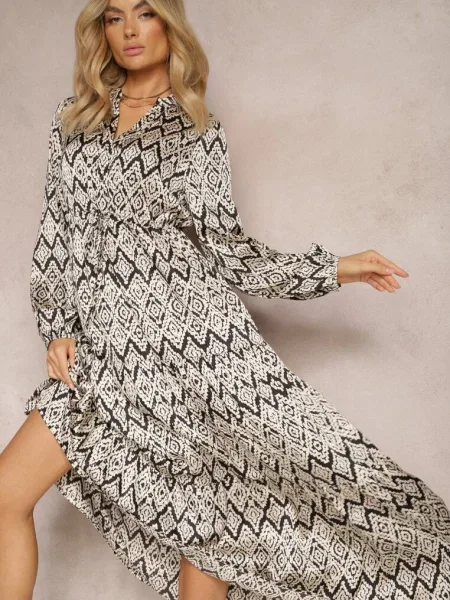 Rochie Casual Negru-Alb cu Șnur în Talie și Volan Carmarie alb