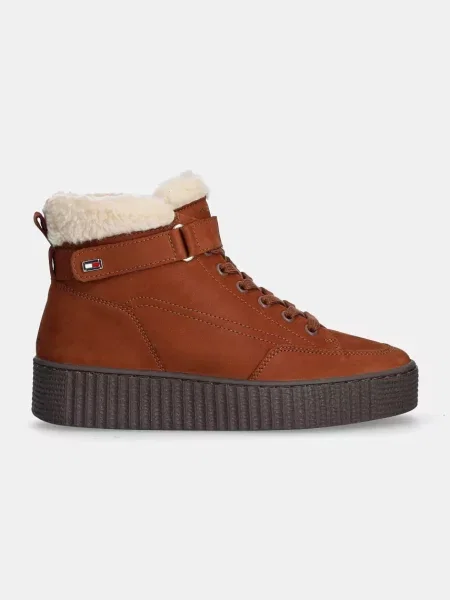 Tommy Hilfiger botki zamszowe FAUX FUR NUBUCK LOW LACE-UP na płaskim ocieplone brązowy