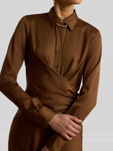 Sukienka wieczorowa z marszczeniami w talii Lauren Ralph Lauren brązowa